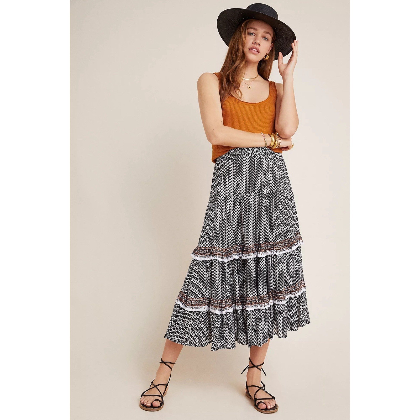 Anthropologie Beachgold Jocelyn Tiered Midi Skirt Black White Boho Rayon Size S
